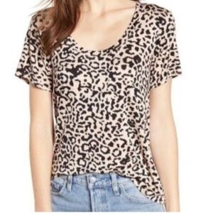 NEW Socialite Tan Black Leopard Print Scoop neck blouse short sleeve women’s S